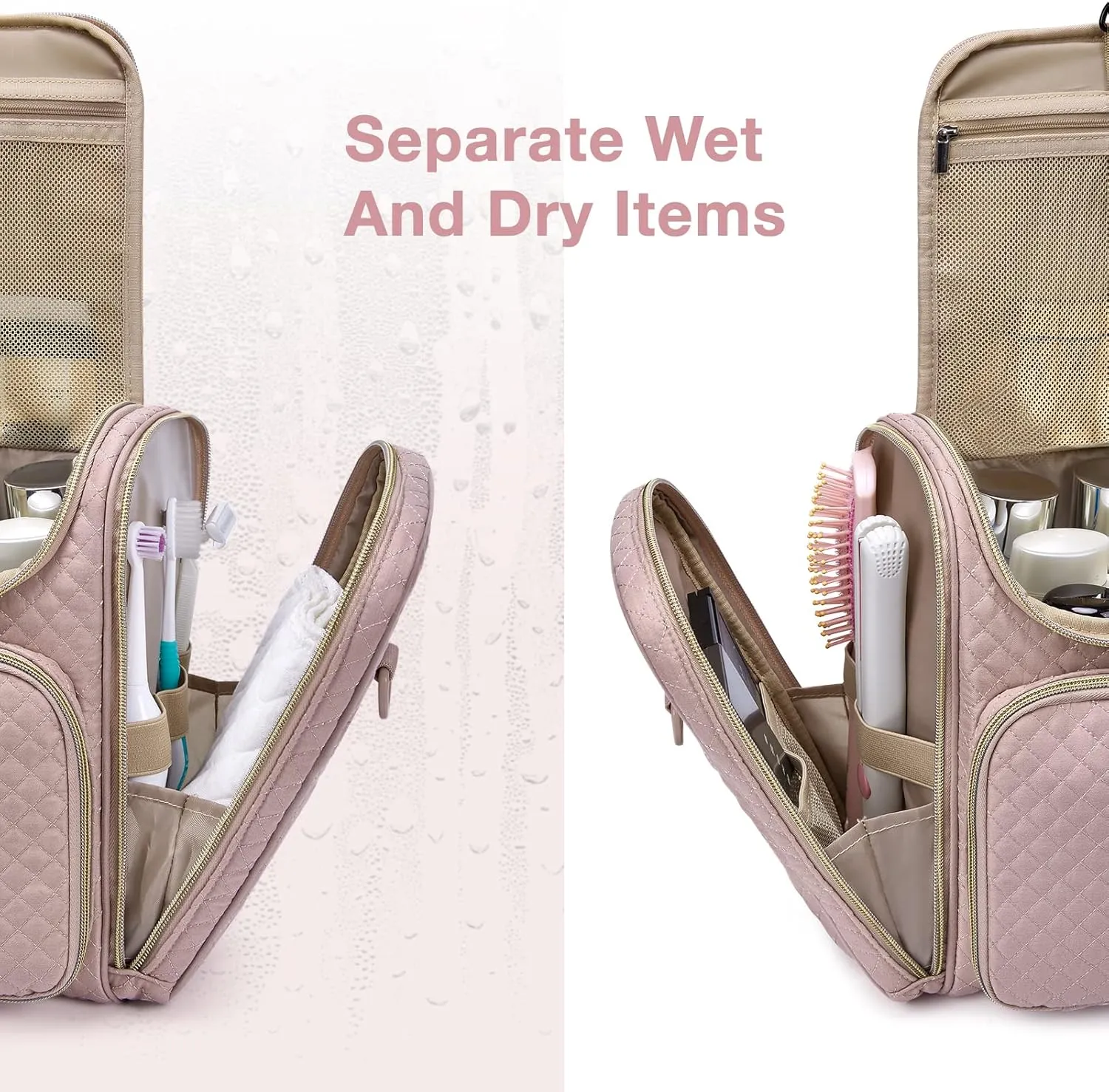 BAGSMART Travel Toiletry Bag for Women, Hanging Toiletry Bag Large Capacity Cosmetic Makeup Bag, Essentials Travel Organizer for Full Sized Toiletries and Cosmetics, Pink