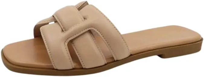 BAMBOO Women's Square Toe Padded Detail Comfortable Slip On Flat Sandals