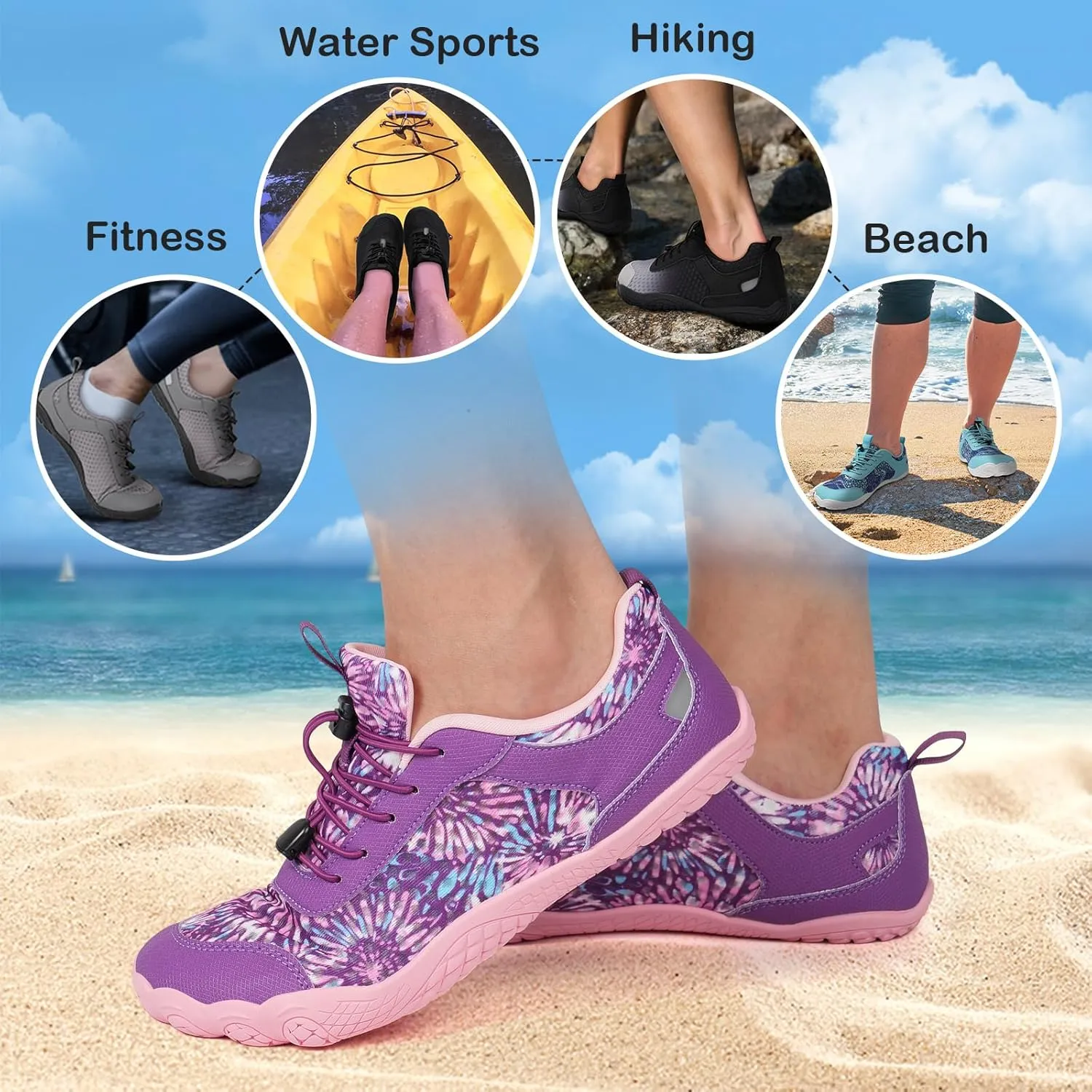 BARERUN Water Shoes Women Men Quick-Dry Wide Toe Athletic Hiking Water Sports Shoes Adjustable Zero Drop Barefoot Shoes for Beach Swim Kayaking Surfing Walking Training