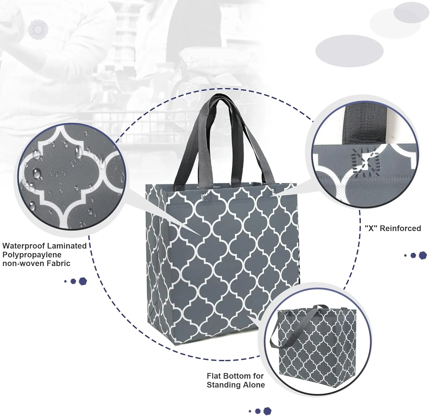 BeeGreen 12-Pack Foldable Reusable Grocery Bags Large Cloth Tote Bags with Handles, Bulk Shopping Bags in Geometric Design, Reusable Gift Bags, Shopping Baskets, Utility Bags for Groceries