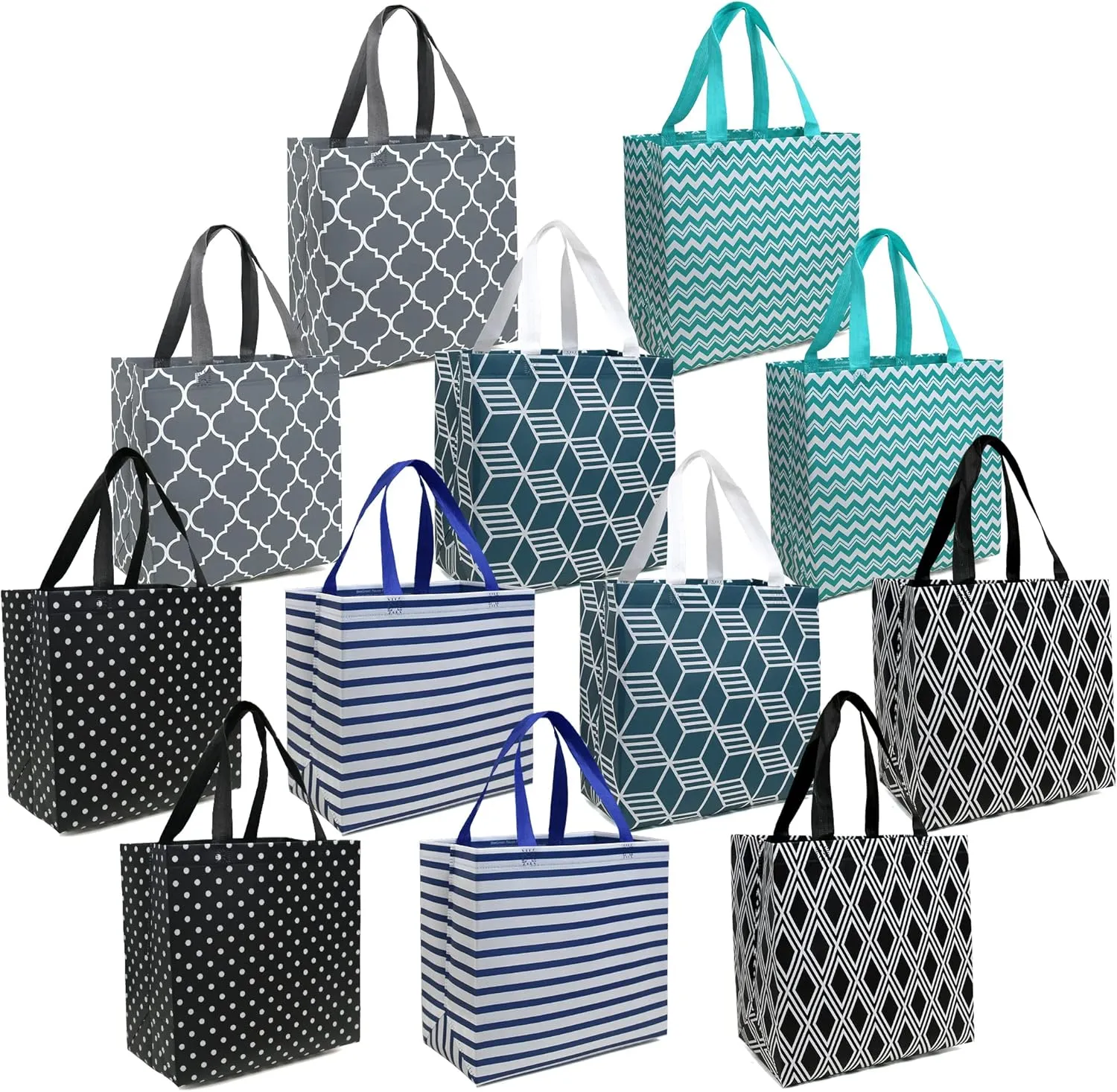 BeeGreen 12-Pack Foldable Reusable Grocery Bags Large Cloth Tote Bags with Handles, Bulk Shopping Bags in Geometric Design, Reusable Gift Bags, Shopping Baskets, Utility Bags for Groceries