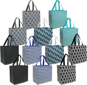 BeeGreen 12-Pack Foldable Reusable Grocery Bags Large Cloth Tote Bags with Handles, Bulk Shopping Bags in Geometric Design, Reusable Gift Bags, Shopping Baskets, Utility Bags for Groceries