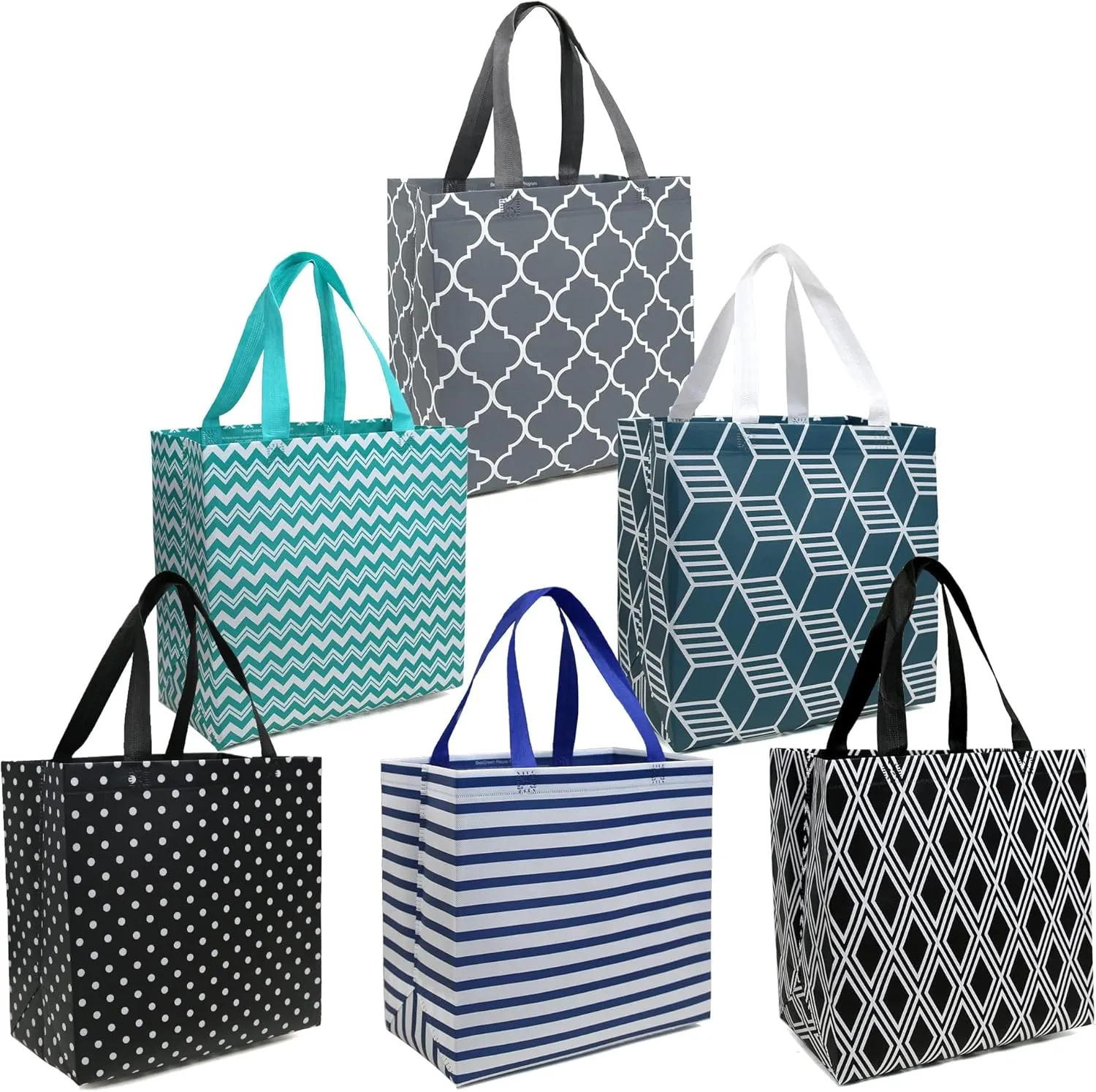 BeeGreen 6-Pack Foldable Reusable Grocery Bags – Large Cloth Tote Bags with Handles, Bulk Shopping Bags in Geometric Design, Reusable Gift Bags, Shopping Baskets, Utility Bags for Groceries
