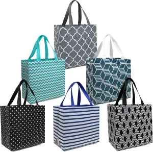 BeeGreen 6-Pack Foldable Reusable Grocery Bags – Large Cloth Tote Bags with Handles, Bulk Shopping Bags in Geometric Design, Reusable Gift Bags, Shopping Baskets, Utility Bags for Groceries