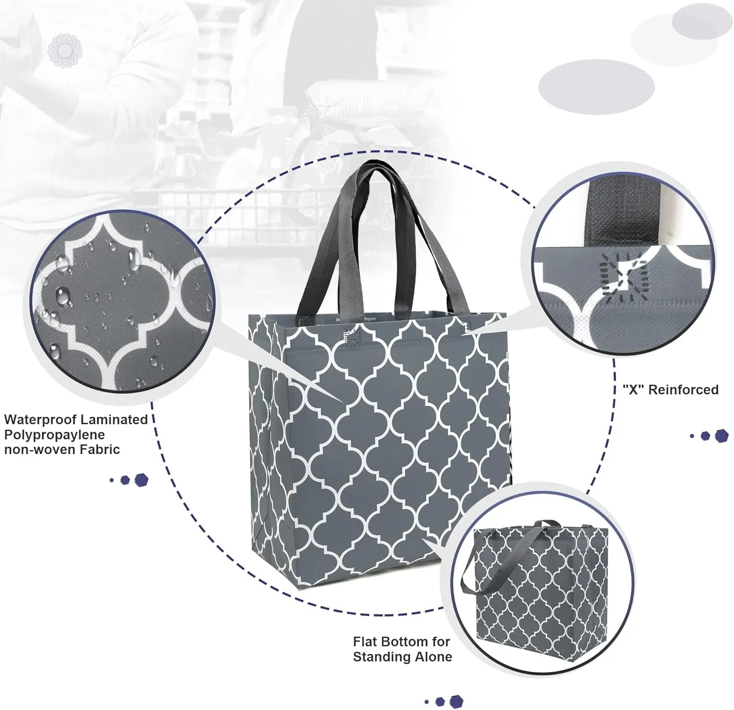 BeeGreen 6-Pack Foldable Reusable Grocery Bags – Large Cloth Tote Bags with Handles, Bulk Shopping Bags in Geometric Design, Reusable Gift Bags, Shopping Baskets, Utility Bags for Groceries