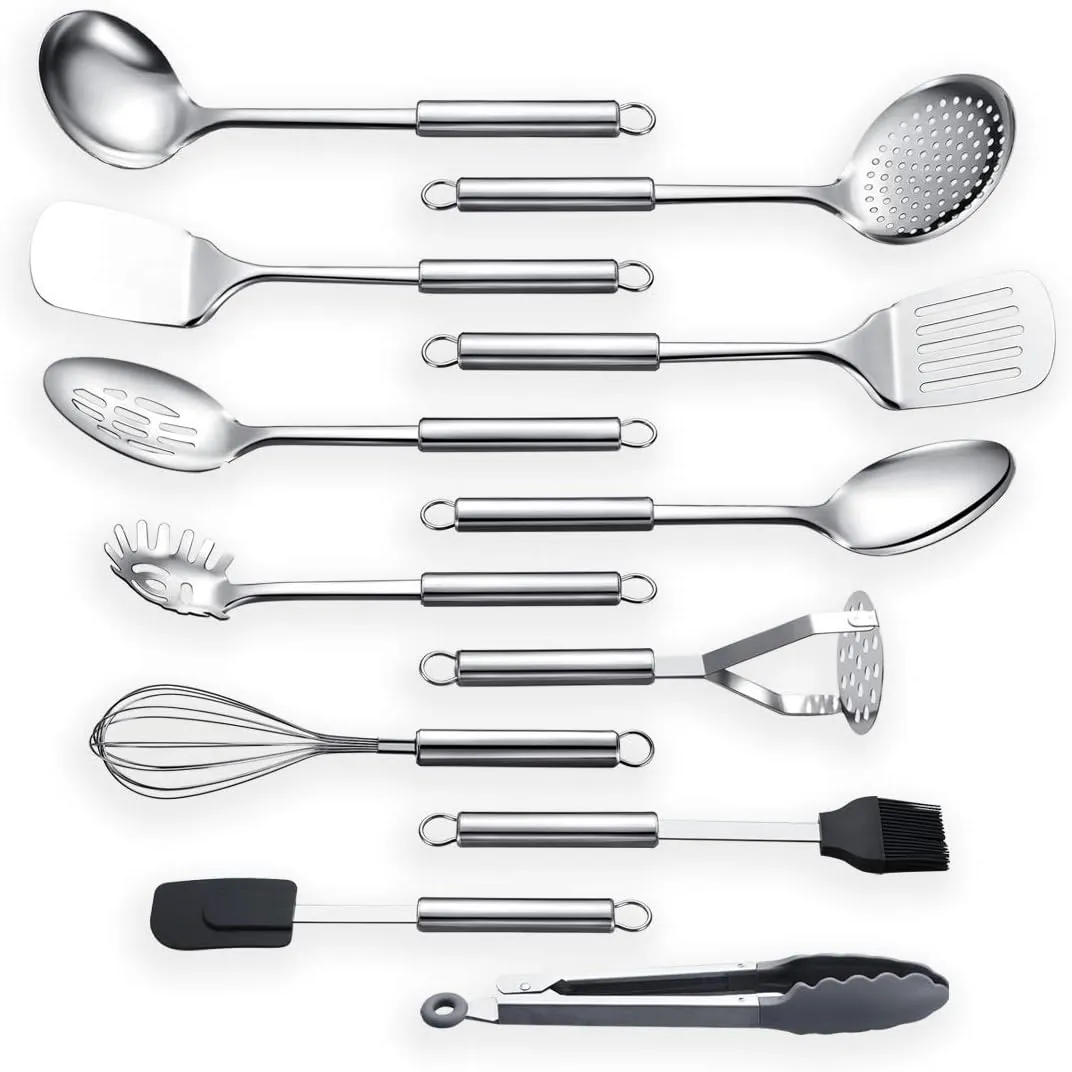 Berglander Cooking Utensil Set 12 Piece Stainless Steel Kitchen Tool Set, Include Cooking Spoon, Spatula, Whisk, Cooking Tong and etc (12 Pieces)