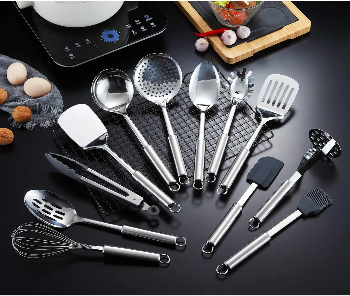 Berglander Cooking Utensil Set 12 Piece Stainless Steel Kitchen Tool Set, Include Cooking Spoon, Spatula, Whisk, Cooking Tong and etc (12 Pieces)