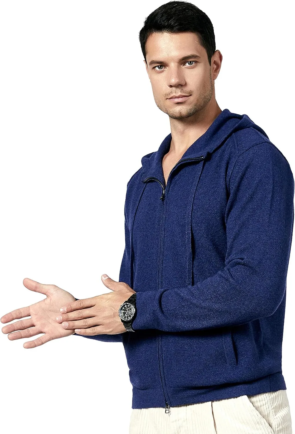 BEYOND FASHION Men's 100% Pure Cashmere Sweater Pocket Full Zip Hoodie Cardigan