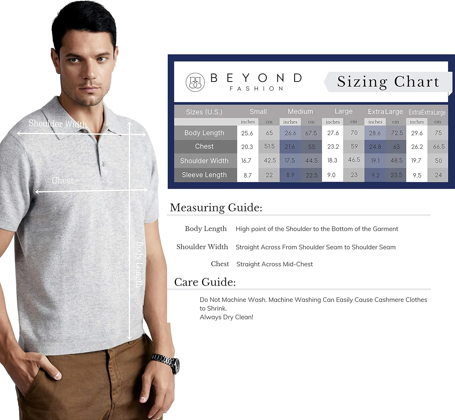 BEYOND FASHION Men's Polo Shirt Short Sleeve Soft Light Weight - 100% Pure Cashmere