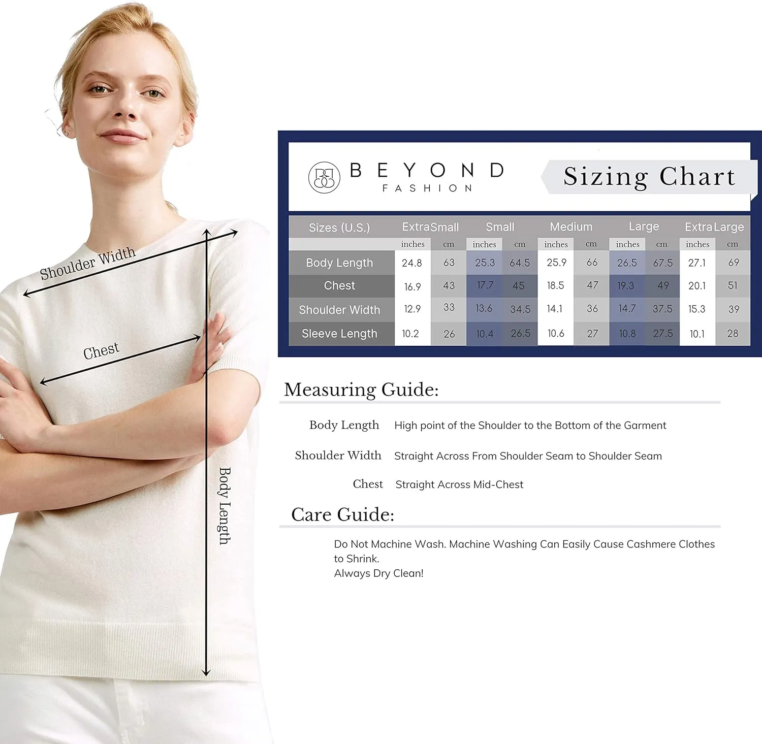 BEYOND FASHION Women's T Shirt Crew Neck Short Sleeve Pullover -100% Pure Cashmere - Heavenly Soft