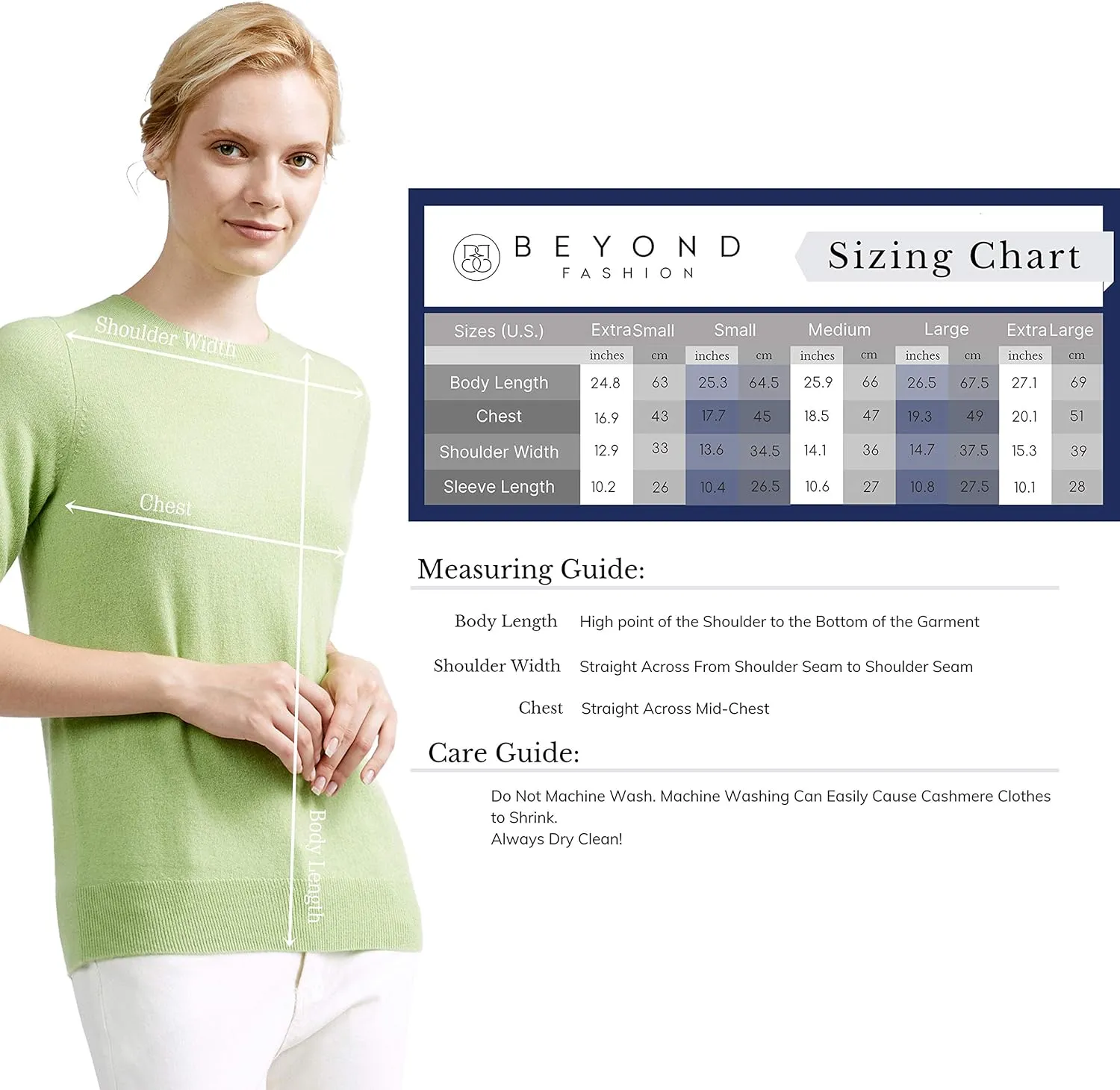 BEYOND FASHION Women's T Shirt Crew Neck Short Sleeve Pullover -100% Pure Cashmere - Heavenly Soft