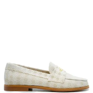 Blublonc Taupe And White Embroidered Penny Loafer