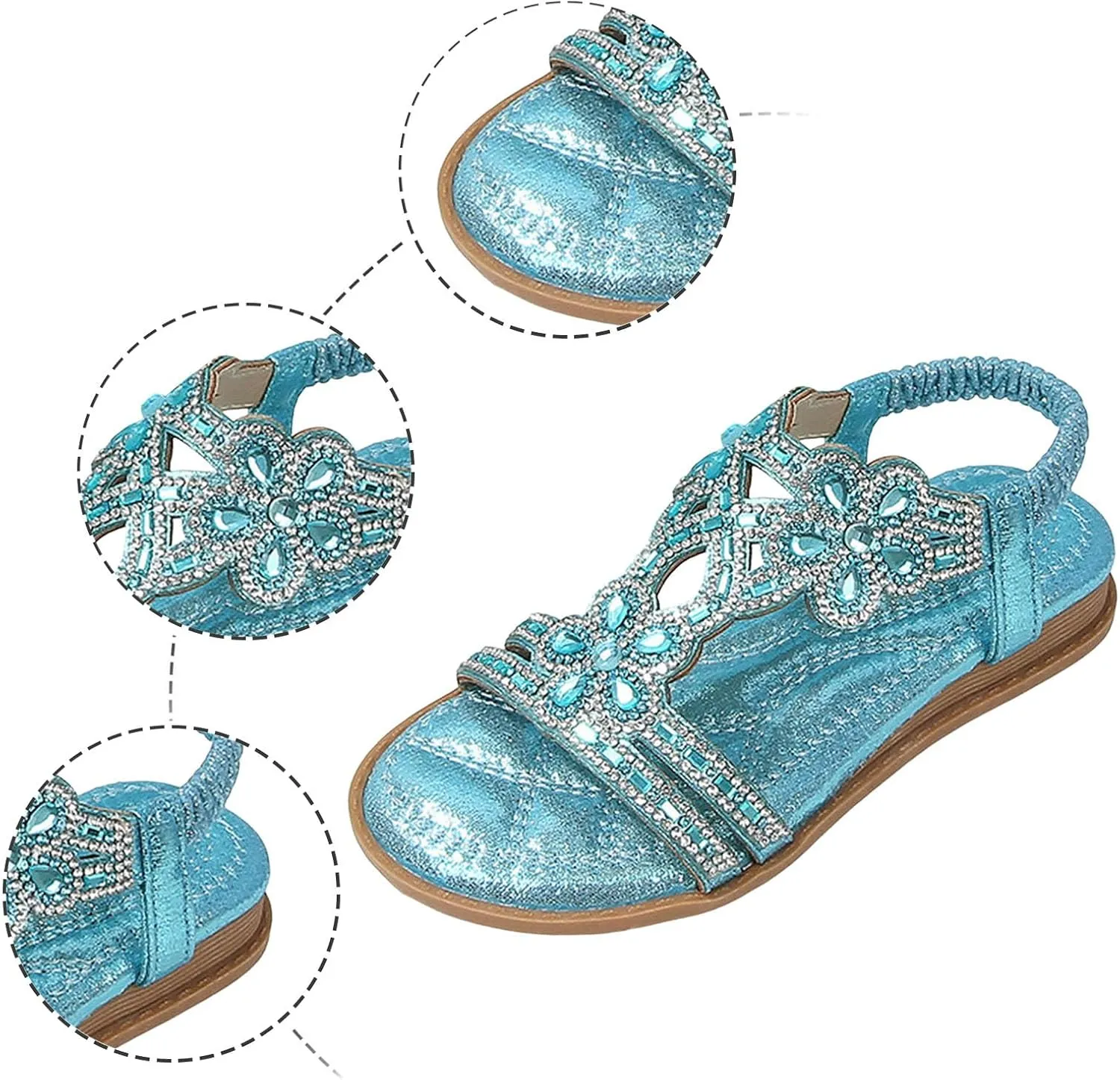 Bohemian Crystal Flats Women's Flat Sandals Low Wedge Rhinestone Open Toe Ankle Elastic Flip Flops for Women Wedding