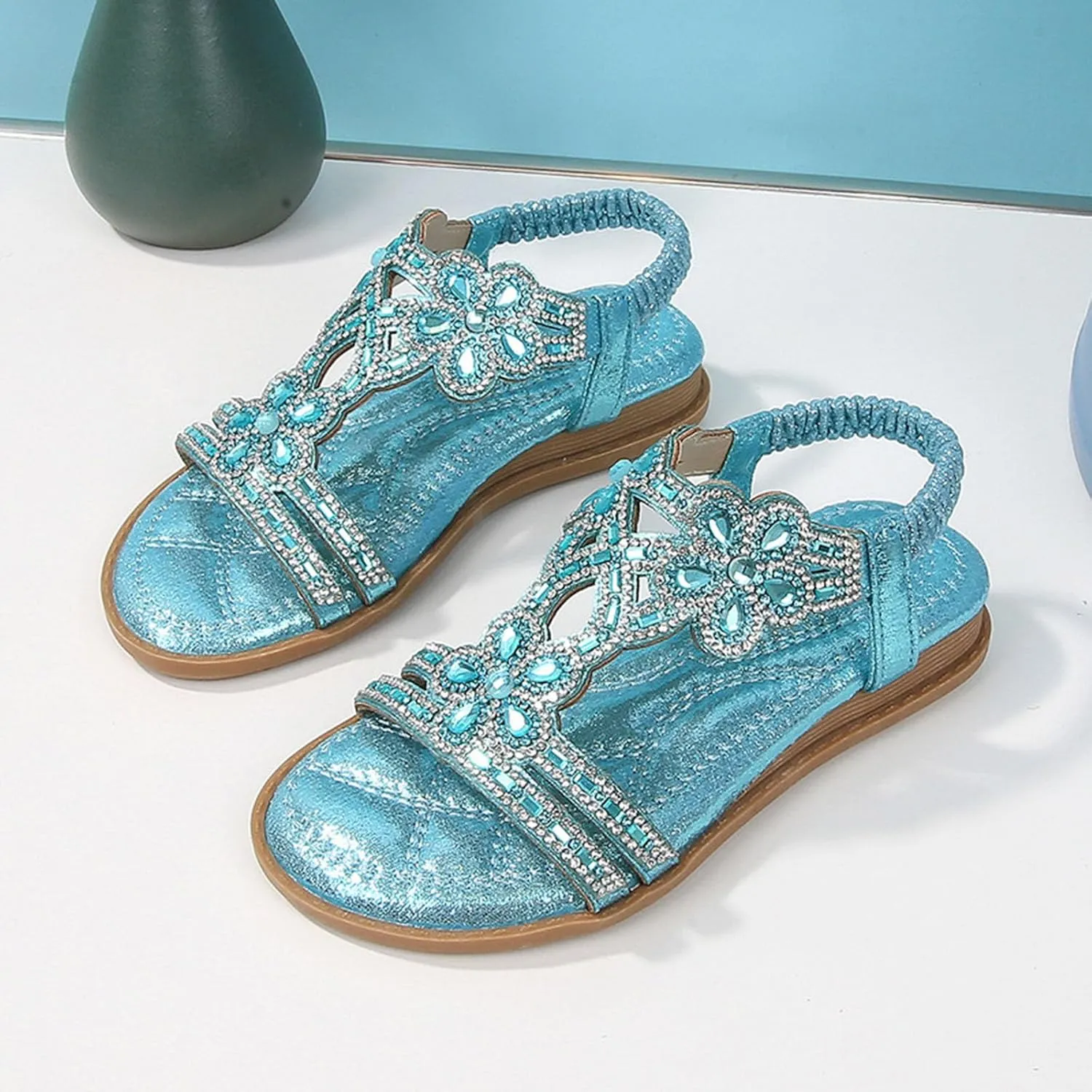 Bohemian Crystal Flats Women's Flat Sandals Low Wedge Rhinestone Open Toe Ankle Elastic Flip Flops for Women Wedding