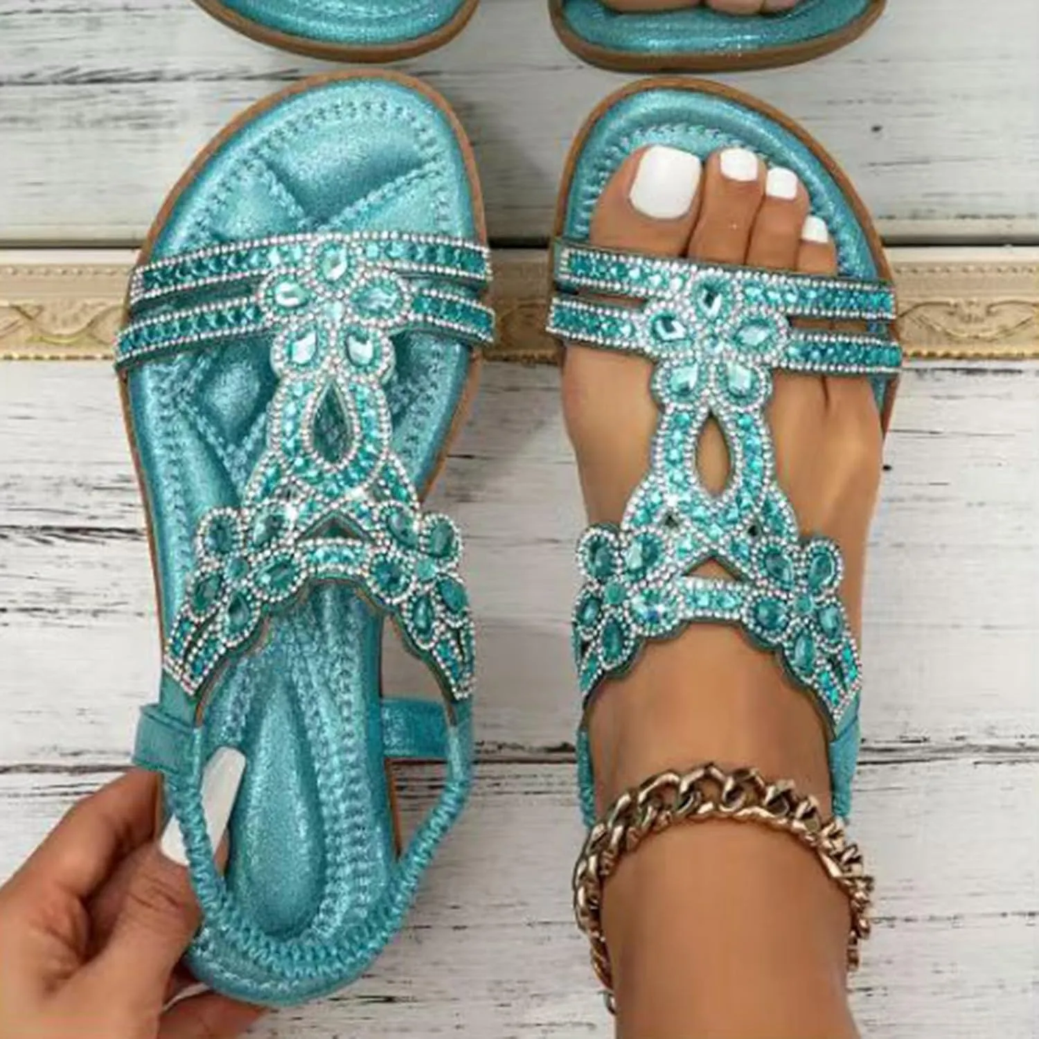 Bohemian Crystal Flats Women's Flat Sandals Low Wedge Rhinestone Open Toe Ankle Elastic Flip Flops for Women Wedding