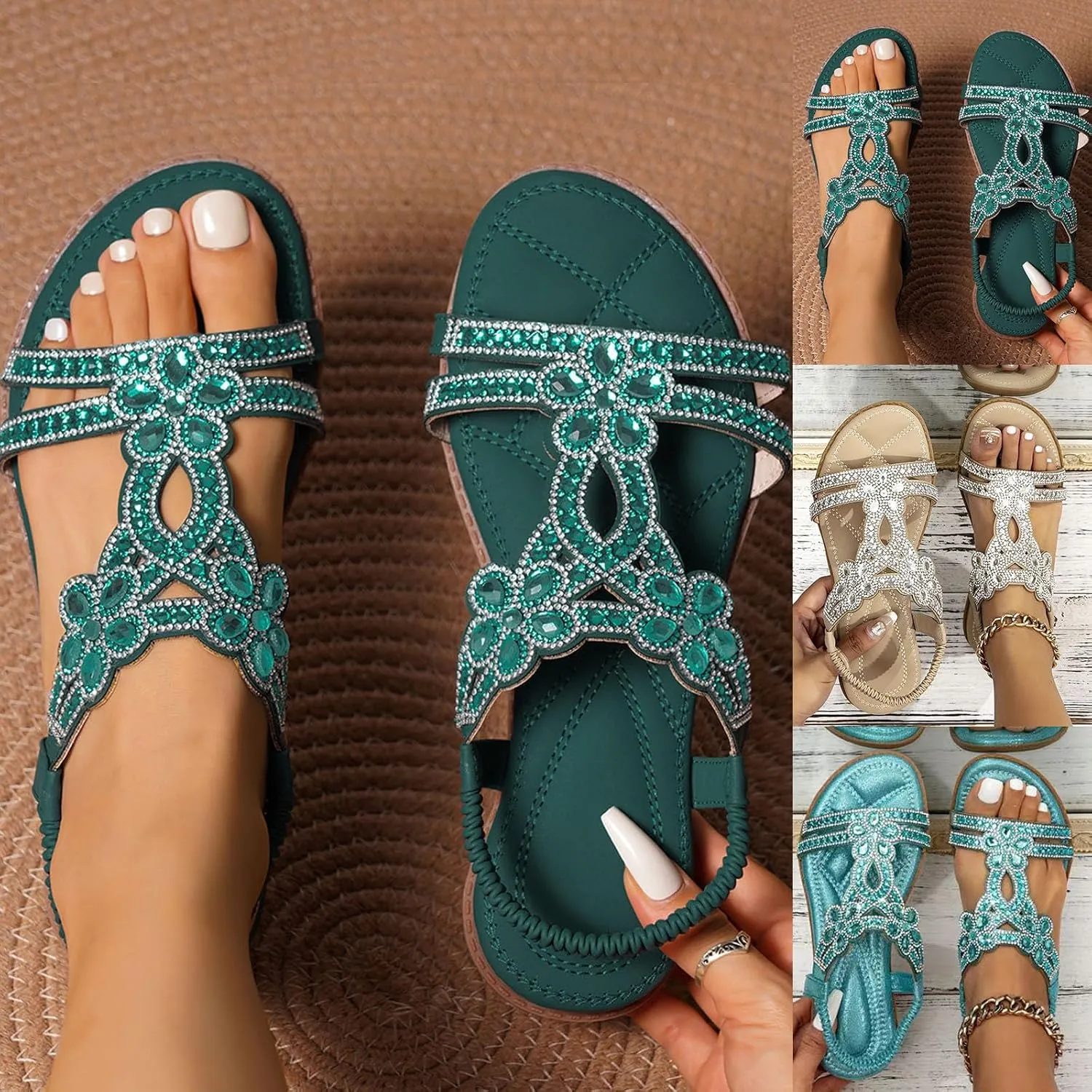 Bohemian Crystal Flats Women's Flat Sandals Low Wedge Rhinestone Open Toe Ankle Elastic Flip Flops for Women Wedding