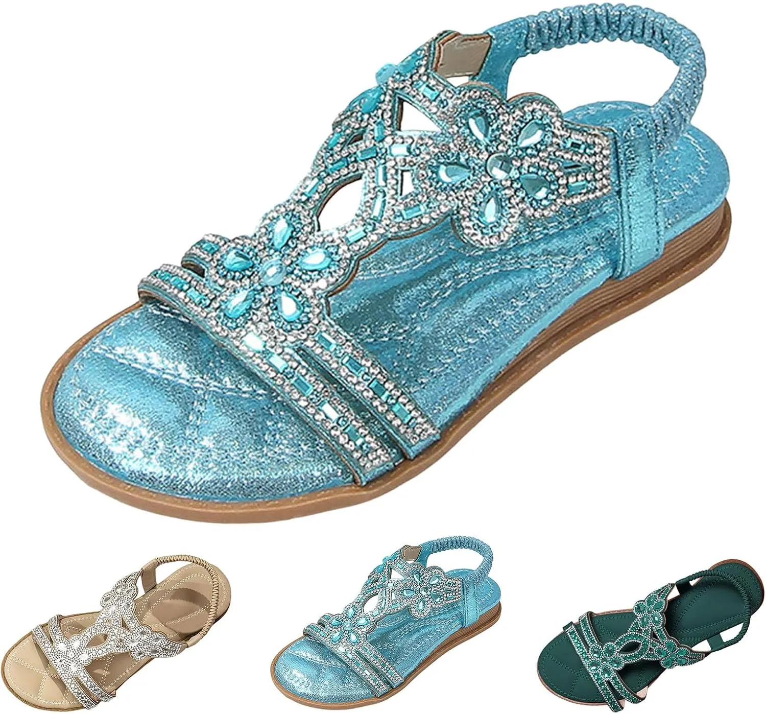 Bohemian Crystal Flats Women's Flat Sandals Low Wedge Rhinestone Open Toe Ankle Elastic Flip Flops for Women Wedding
