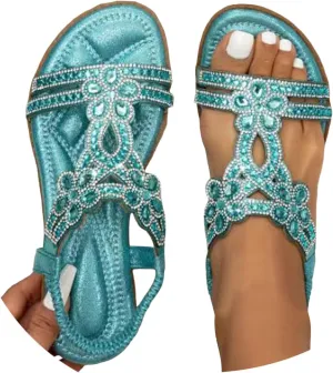 Bohemian Crystal Flats Women's Flat Sandals Low Wedge Rhinestone Open Toe Ankle Elastic Flip Flops for Women Wedding
