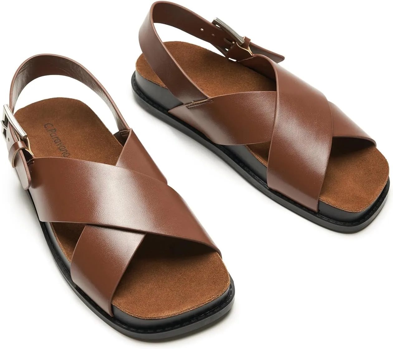 C. Paravano Women Sandals,Comfortable Dressy Flat Slides Summer Sandals with Arch Support for Walking Beach Casual Adjustable Buckle Slip-Ons Fashion Shoes