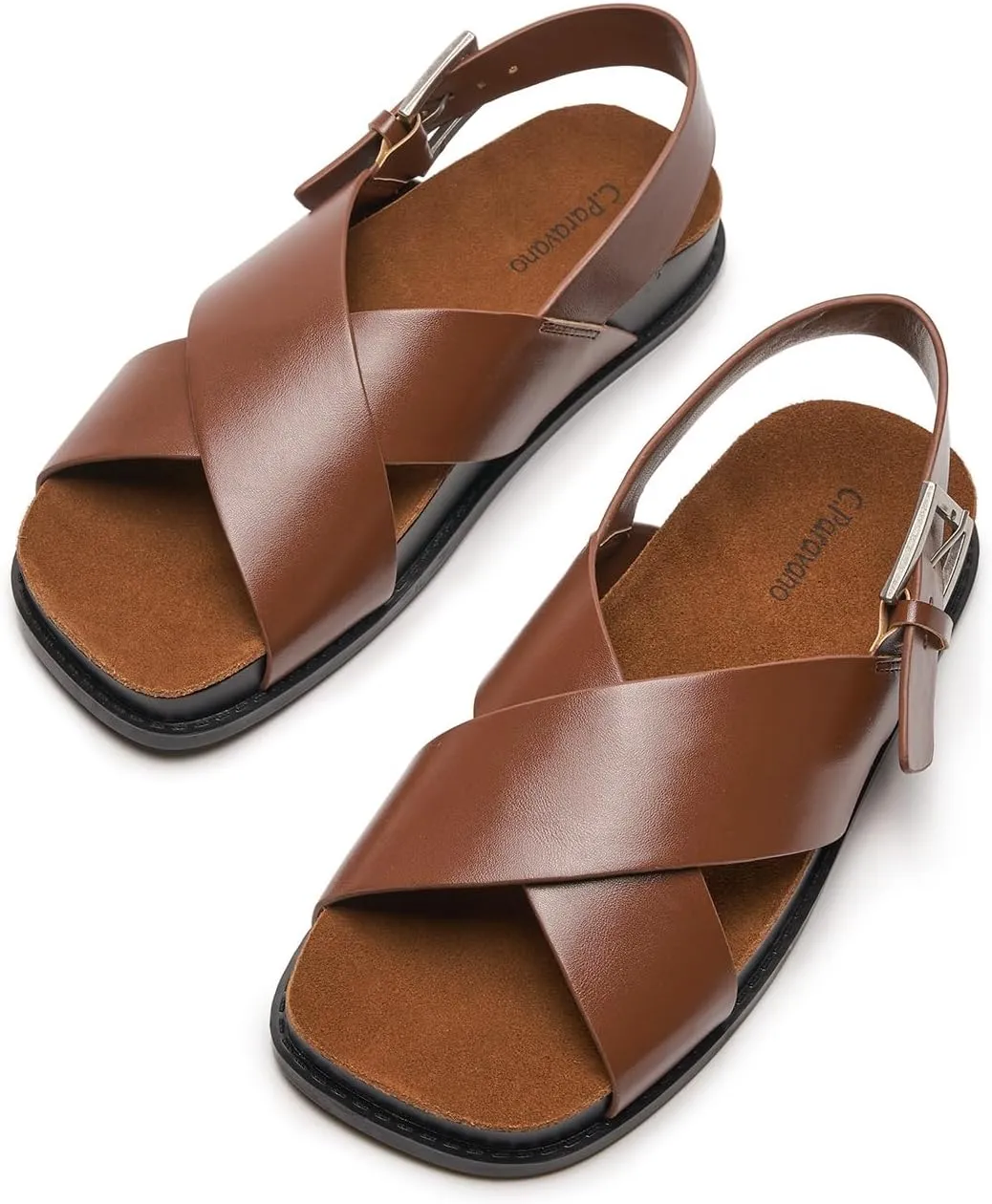 C. Paravano Women Sandals,Comfortable Dressy Flat Slides Summer Sandals with Arch Support for Walking Beach Casual Adjustable Buckle Slip-Ons Fashion Shoes