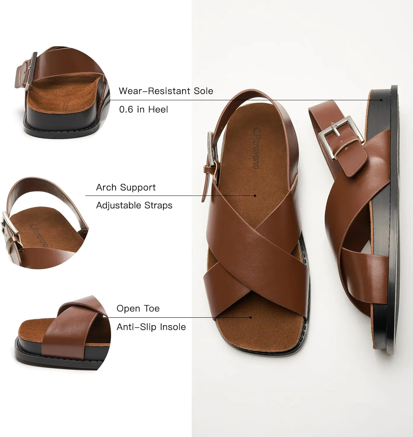 C. Paravano Women Sandals,Comfortable Dressy Flat Slides Summer Sandals with Arch Support for Walking Beach Casual Adjustable Buckle Slip-Ons Fashion Shoes
