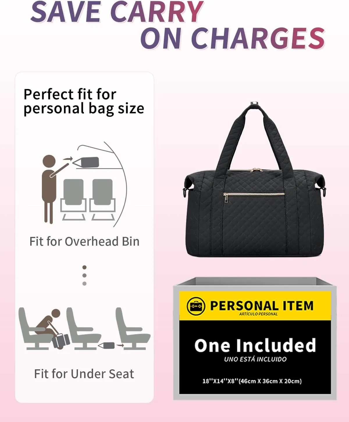 Ceneda Travel Duffel for Spirit Airlines Personal Item - 18x14x8 Under Seat Weekender Overnight Bag with Wet Pocket & Shoe Bag Carry On Luggage (Black)