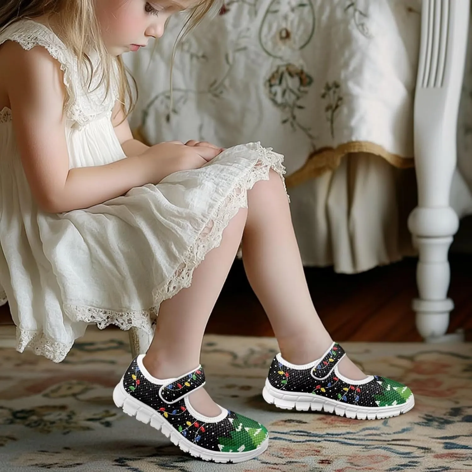chaqlin Christmas Sneaker Mary Jane for Kids Slip On Casual Outdoor School Sports Shoes Lightweight Flat Walking Sneaker