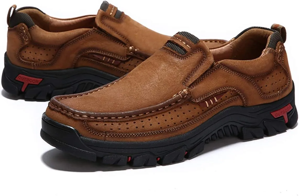 CHICLOVEY Men's Slip-on Hiking Shoes Leather Casual Outdoor Walking Sneaker