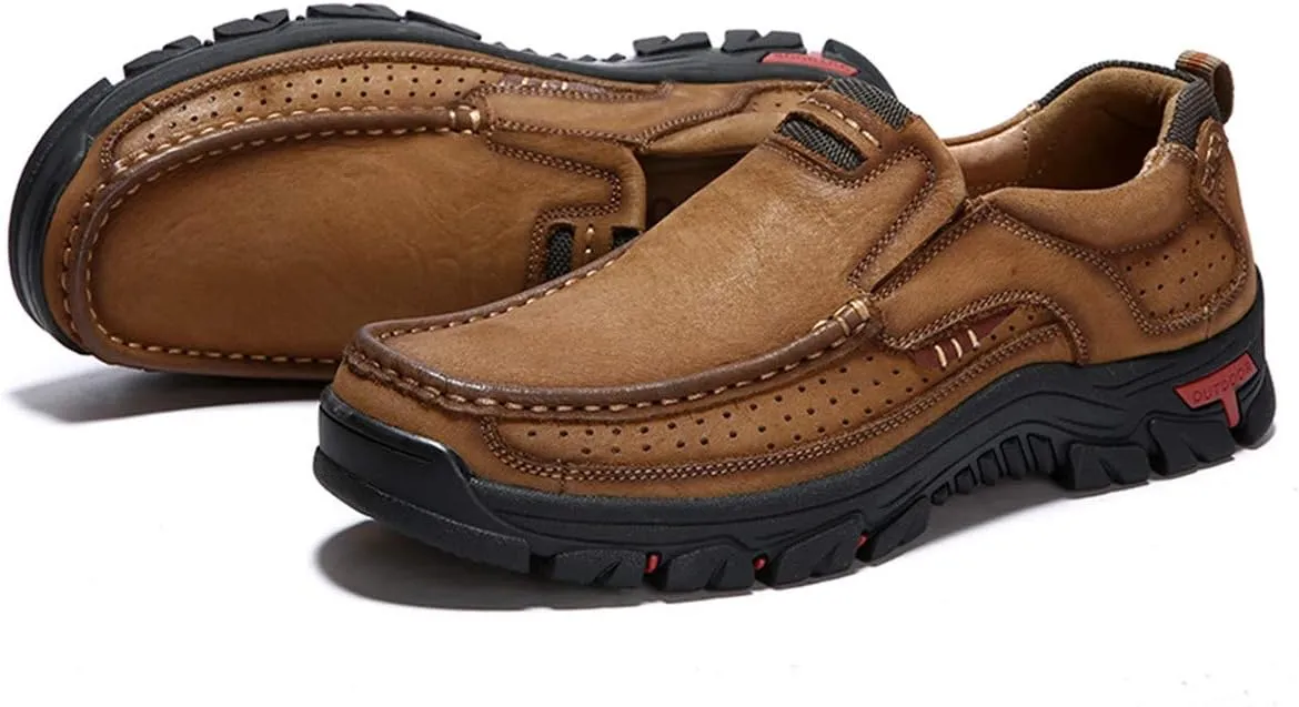 CHICLOVEY Men's Slip-on Hiking Shoes Leather Casual Outdoor Walking Sneaker