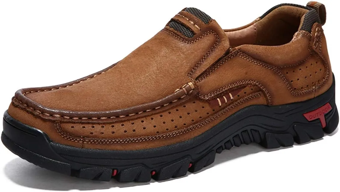 CHICLOVEY Men's Slip-on Hiking Shoes Leather Casual Outdoor Walking Sneaker