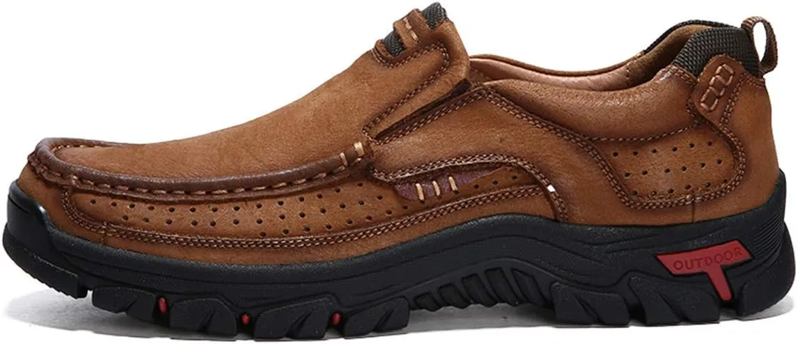 CHICLOVEY Men's Slip-on Hiking Shoes Leather Casual Outdoor Walking Sneaker