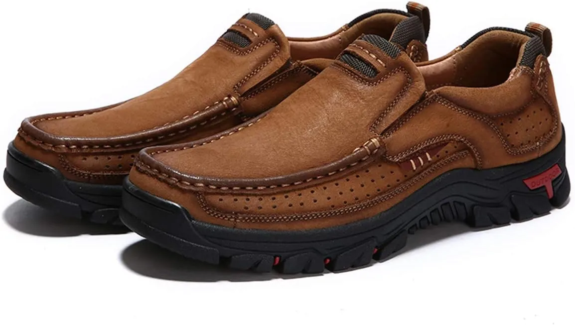 CHICLOVEY Men's Slip-on Hiking Shoes Leather Casual Outdoor Walking Sneaker