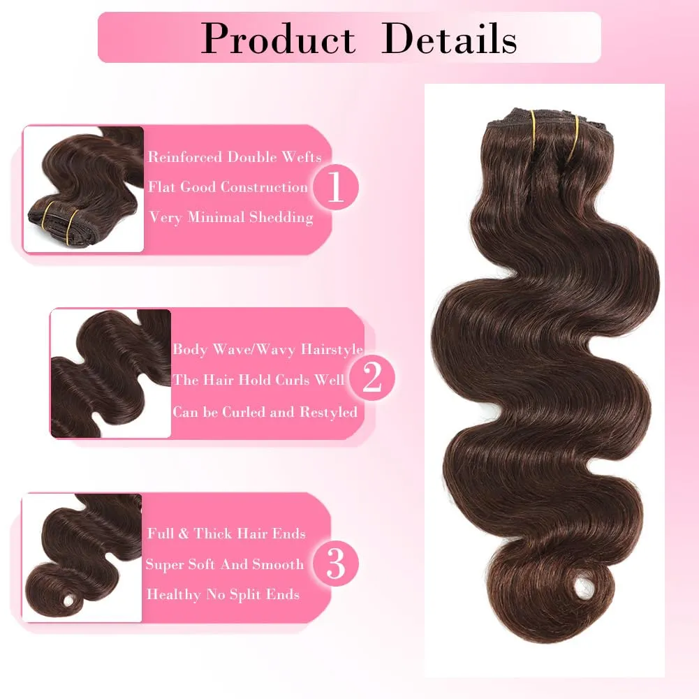 Chocolate Brown Human Hair Clip in Extensions for Women 8Pcs 120g Body Wave Clip in Hair Extensions Real Human Hair 12A Grade Brown Remy Human Hair Extensions Full and Thick (#4,16 Inch)