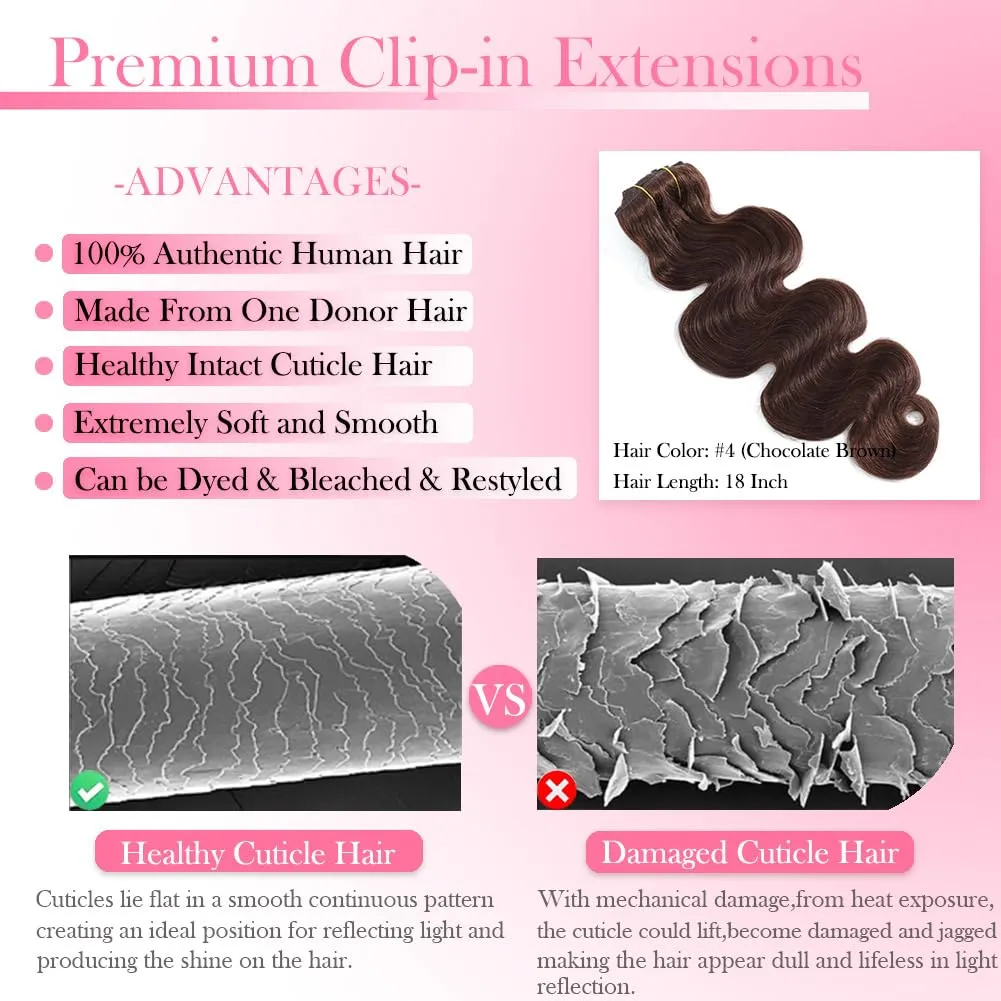 Chocolate Brown Human Hair Clip in Extensions for Women 8Pcs 120g Body Wave Clip in Hair Extensions Real Human Hair 12A Grade Brown Remy Human Hair Extensions Full and Thick (#4,16 Inch)