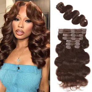 Chocolate Brown Human Hair Clip in Extensions for Women 8Pcs 120g Body Wave Clip in Hair Extensions Real Human Hair 12A Grade Brown Remy Human Hair Extensions Full and Thick (#4,16 Inch)