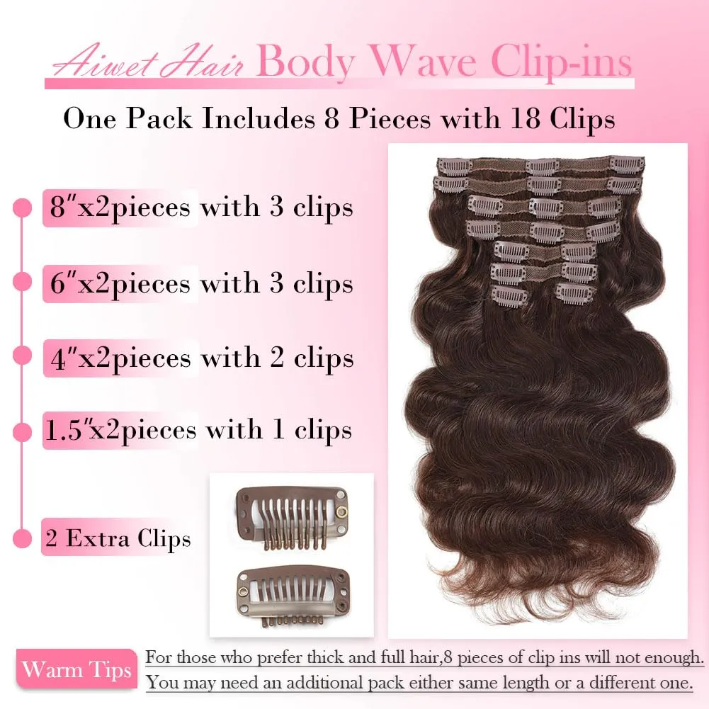 Chocolate Brown Human Hair Clip in Extensions for Women 8Pcs 120g Body Wave Clip in Hair Extensions Real Human Hair 12A Grade Brown Remy Human Hair Extensions Full and Thick (#4,16 Inch)