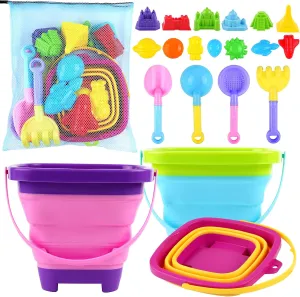 Collapsible Beach Toys for Kids, 21 PCS Collapsible Sand Beach Bucket and Shovel Set with Mesh Bag,Foldable Sand Toys for Beach Travel Cruise Vacation Sandbox