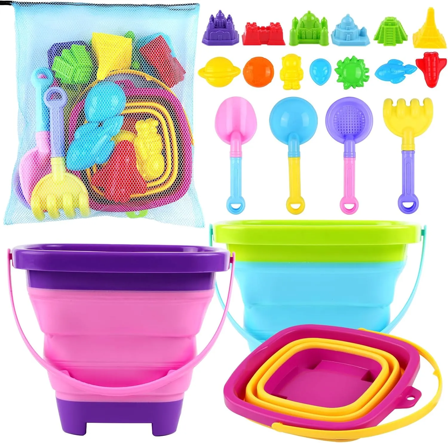 Collapsible Beach Toys for Kids, 21 PCS Collapsible Sand Beach Bucket and Shovel Set with Mesh Bag,Foldable Sand Toys for Beach Travel Cruise Vacation Sandbox