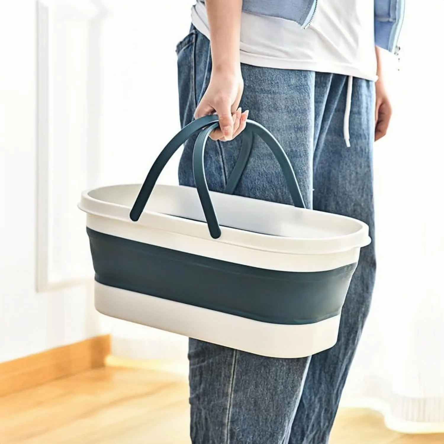 Collapsible Plastic Mop Bucket - 12L(3.17 Gallon) Window Washing Bucket with Wheels Foldable Mop Buckets Water Pail for House Car Cleaning Camping (Blue)