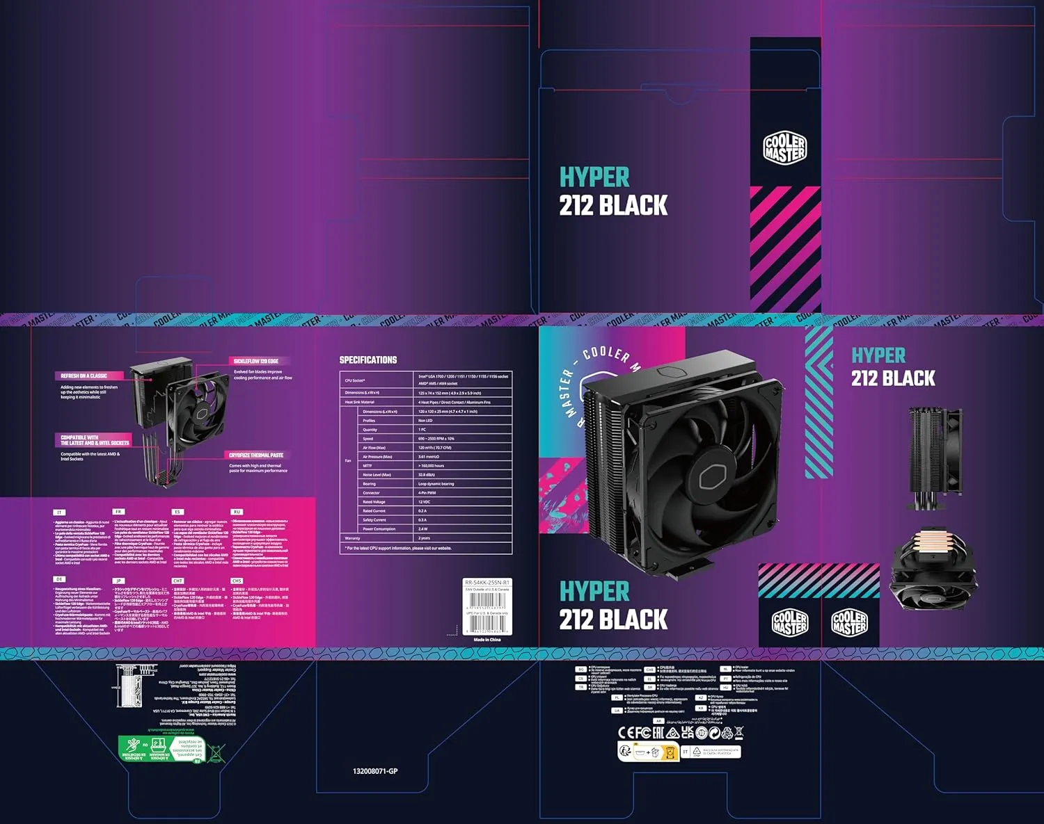 Cooler Master Hyper 212 Black CPU Air Cooler - Aluminium Finish, 4 Compact Continuous Direct Contact Heat Pipes, SickleFlow 120 Edge Fan, LGA1700 & AM5 Brackets - Black