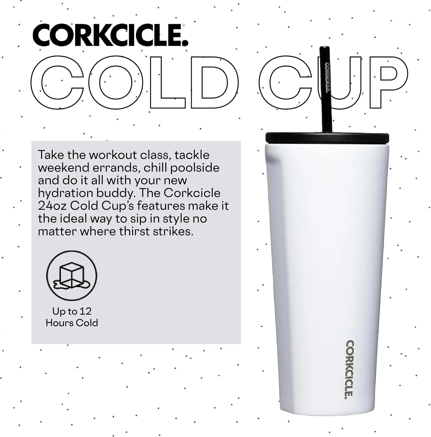 Corkcicle Cold Cup Insulated Tumbler with Lid and Straw, Gloss White, 24 oz – Reusable Water Bottle Keeps Beverages Cold for 12hrs, Hot 5hrs – Cupholder Friendly Tumbler, Lid for Flexible Sipping