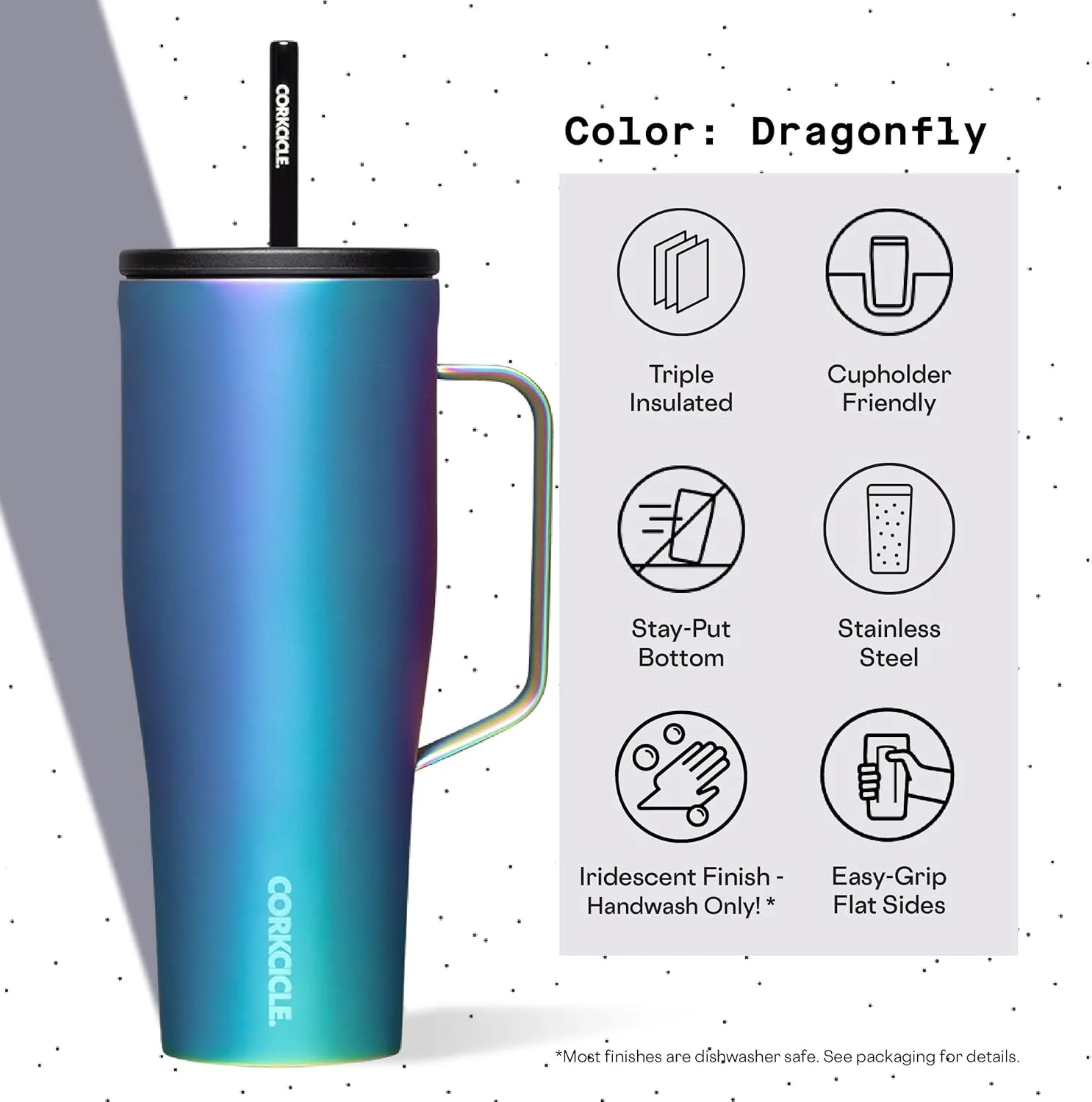 Corkcicle Cold Cup XL Insulated Tumbler with Handle, Lid, & Straw, Dragonfly, 30 oz – Reusable Cupholder Friendly Water Bottle Keeps Drinks Cold 12hrs