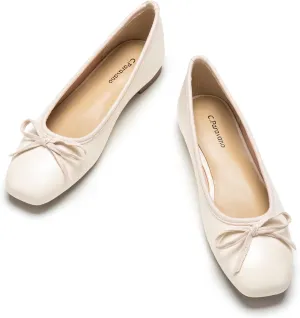 C.Paravano Women's Ballet Flats, Comfortable Slip On Round Toe Flat Shoes, Casual Walking White Shoes for Women, Slip-On Bow Dressy Flats for Wedding Work Office (Size 6.5,White)