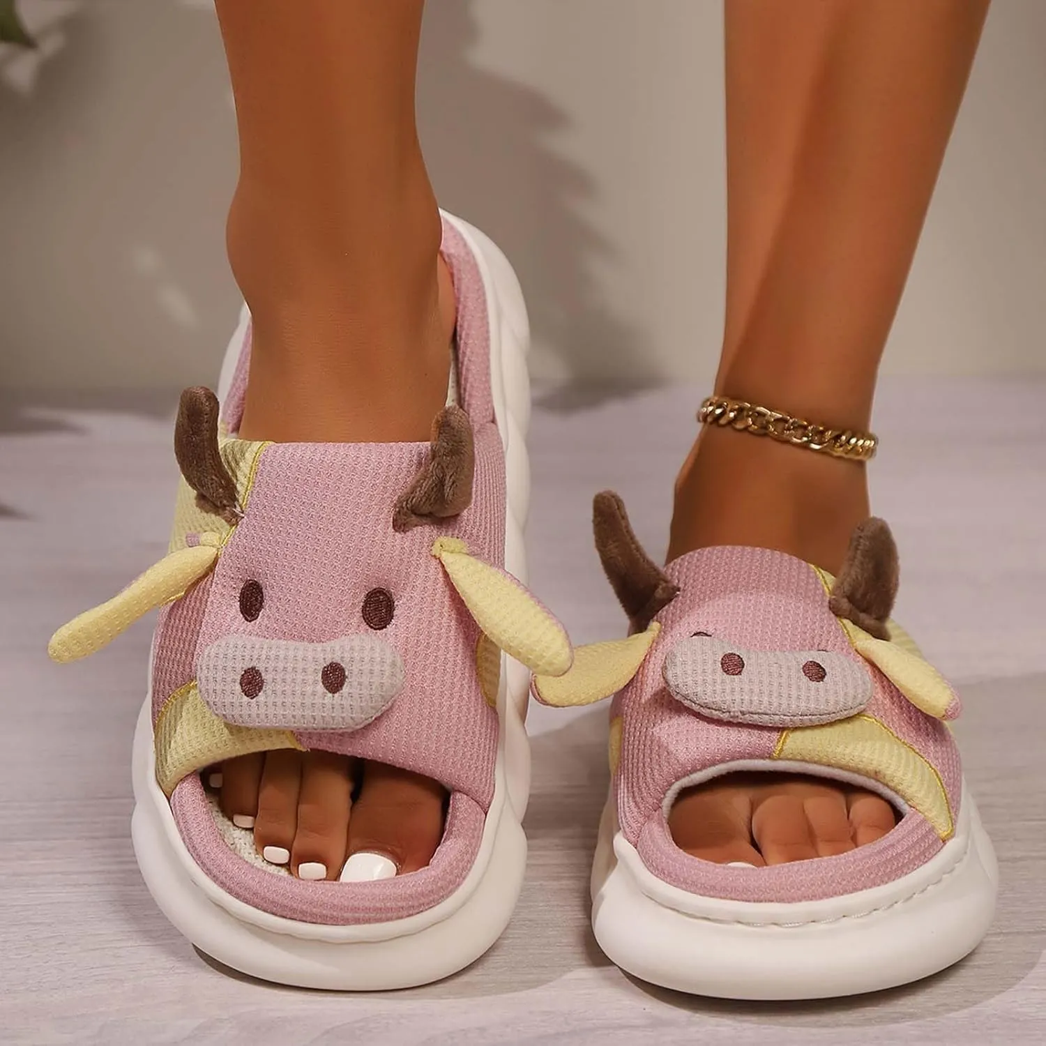 Cute Cow Slippers for Women, Indoor House Slippers, Platform Sole