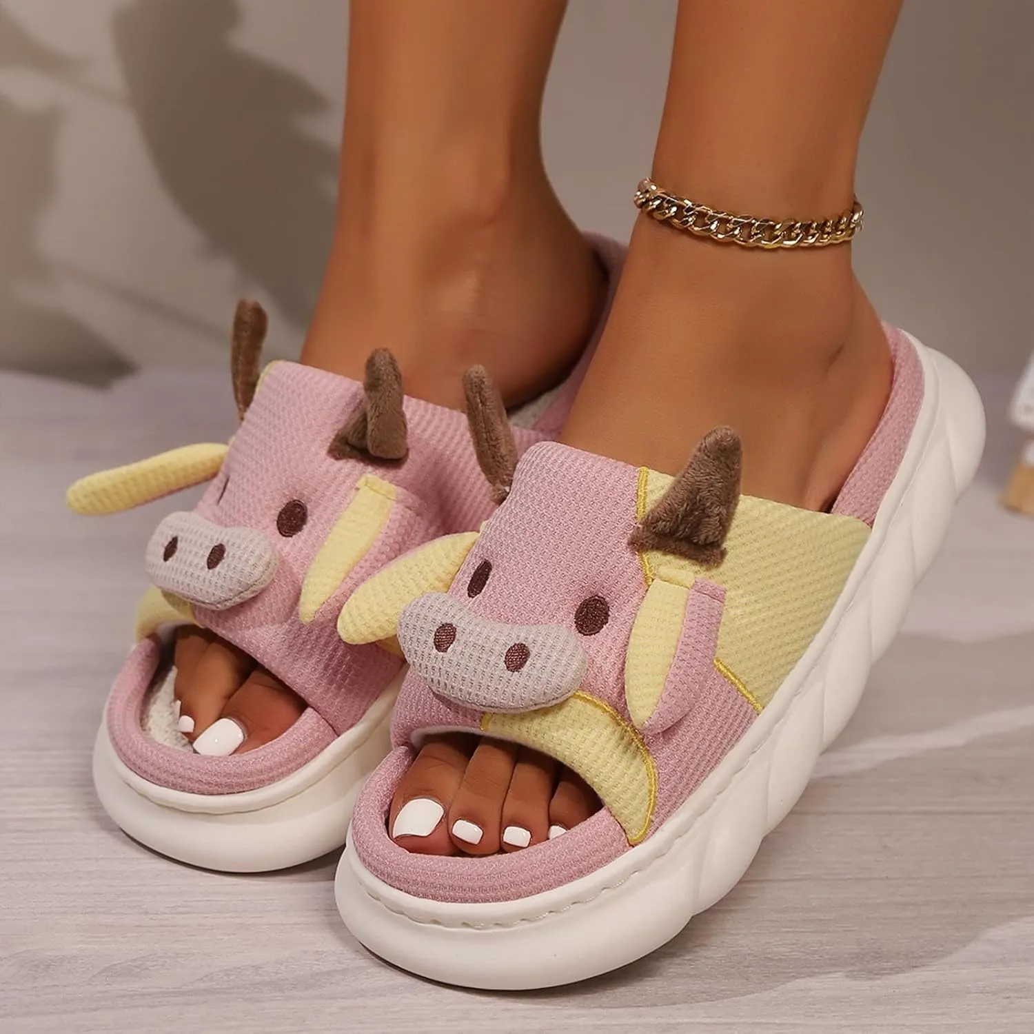 Cute Cow Slippers for Women, Indoor House Slippers, Platform Sole