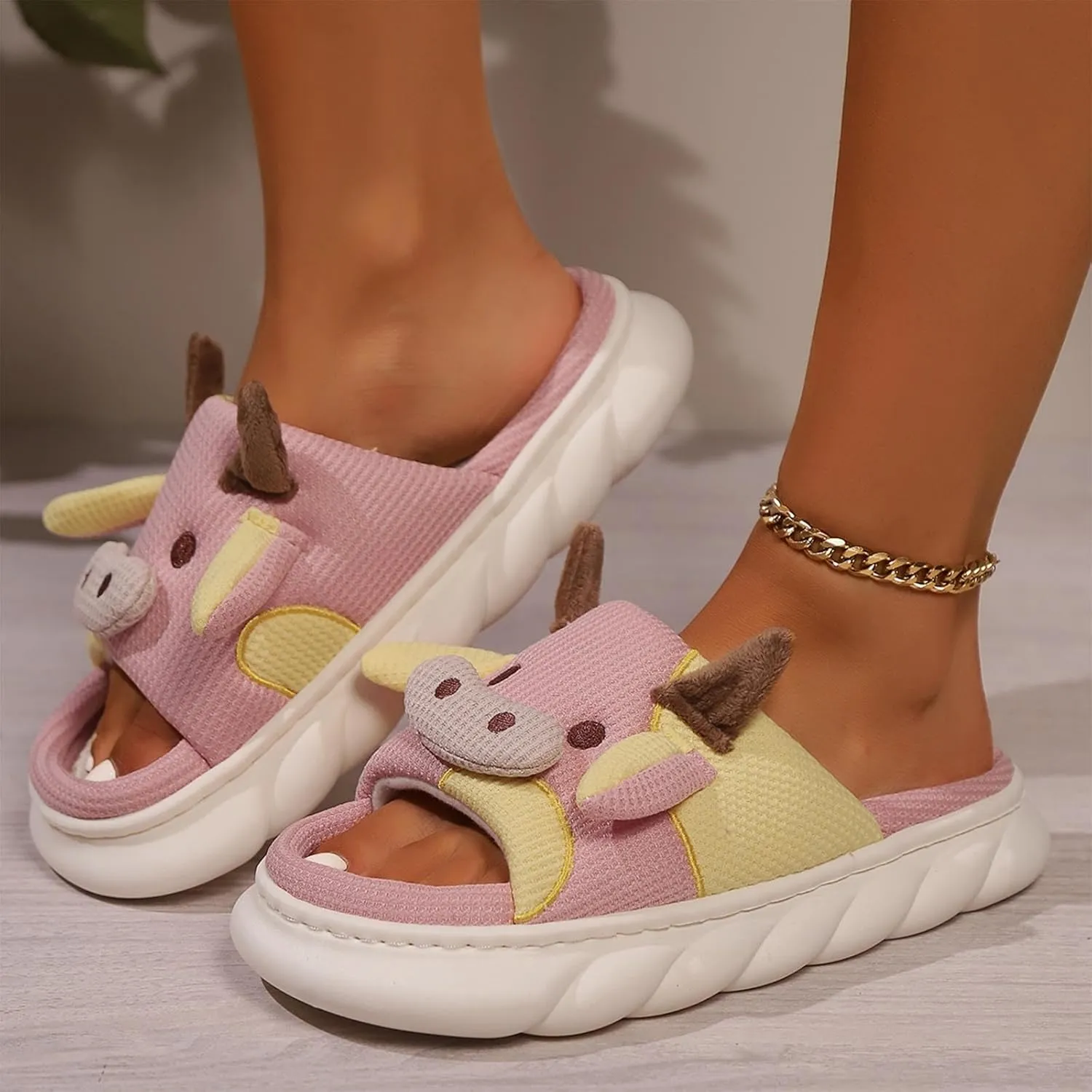 Cute Cow Slippers for Women, Indoor House Slippers, Platform Sole