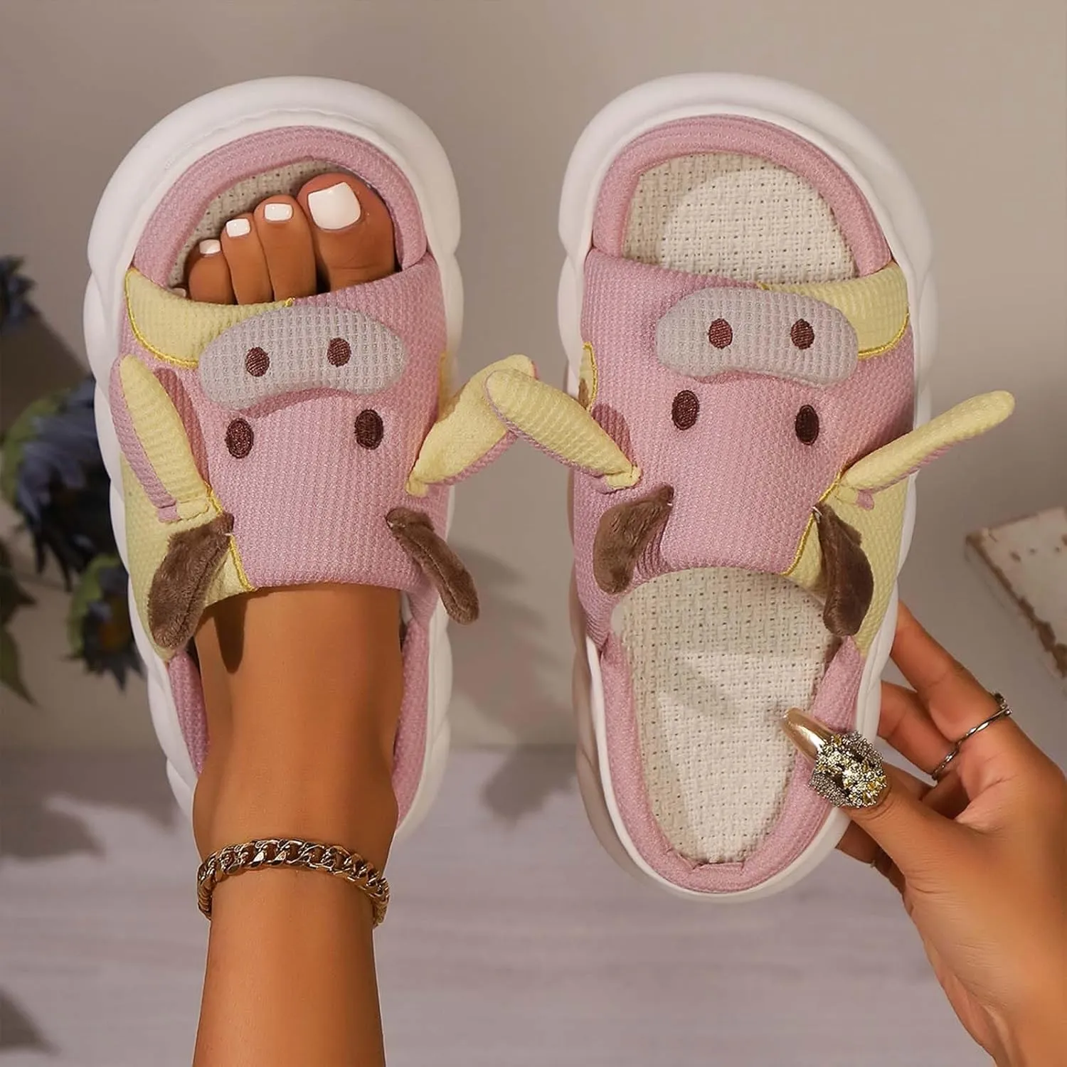 Cute Cow Slippers for Women, Indoor House Slippers, Platform Sole