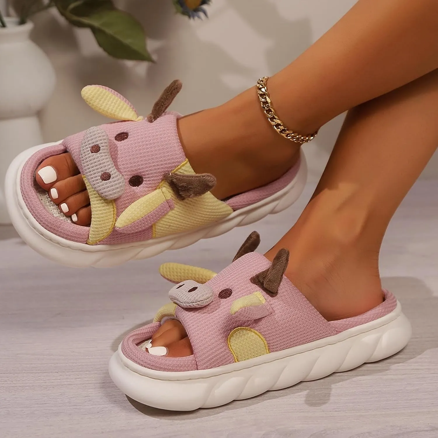 Cute Cow Slippers for Women, Indoor House Slippers, Platform Sole