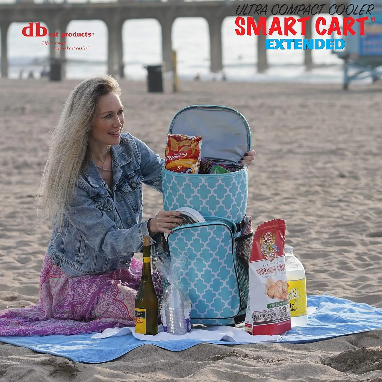 dbest products Ultra Compact Smart Cart Cooler Extended Insulated Collapsible Rolling Tailgate BBQ Beach Summer Moroccan Tile