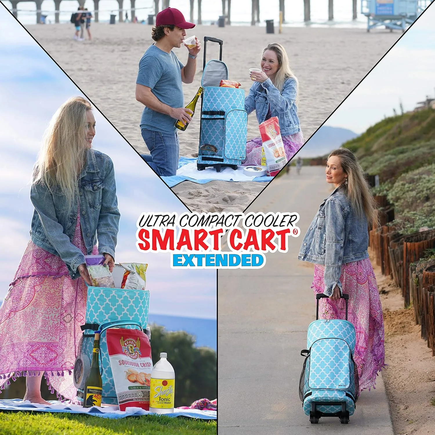 dbest products Ultra Compact Smart Cart Cooler Extended Insulated Collapsible Rolling Tailgate BBQ Beach Summer Moroccan Tile